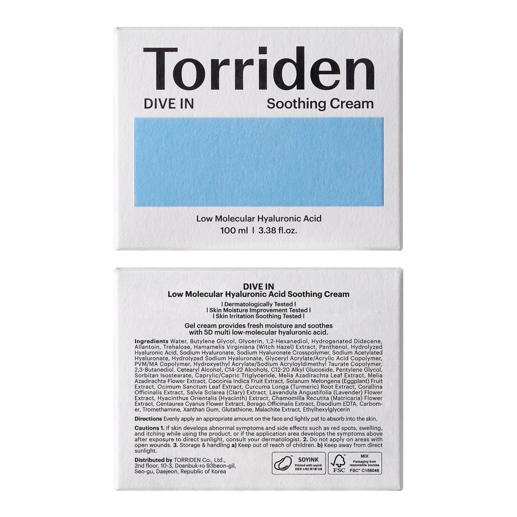 Torriden Creme Calmante DIVE IN Ácido Hialurônico de Baixo Peso Molecular 100 ml